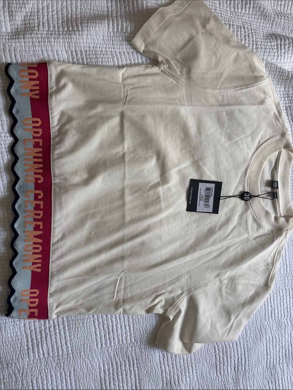 Opening Ceremony Cream Short-Sleeve Knit Top with Red Accent Hem